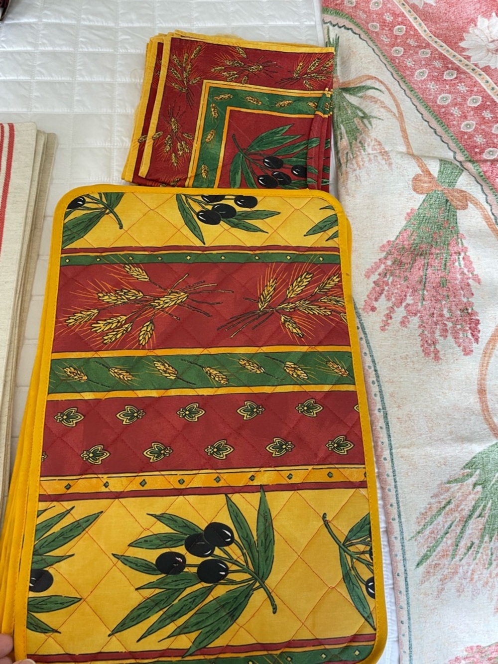 Provence Coated Placemats with Matching Napkins Set in Coral Yellow & Green